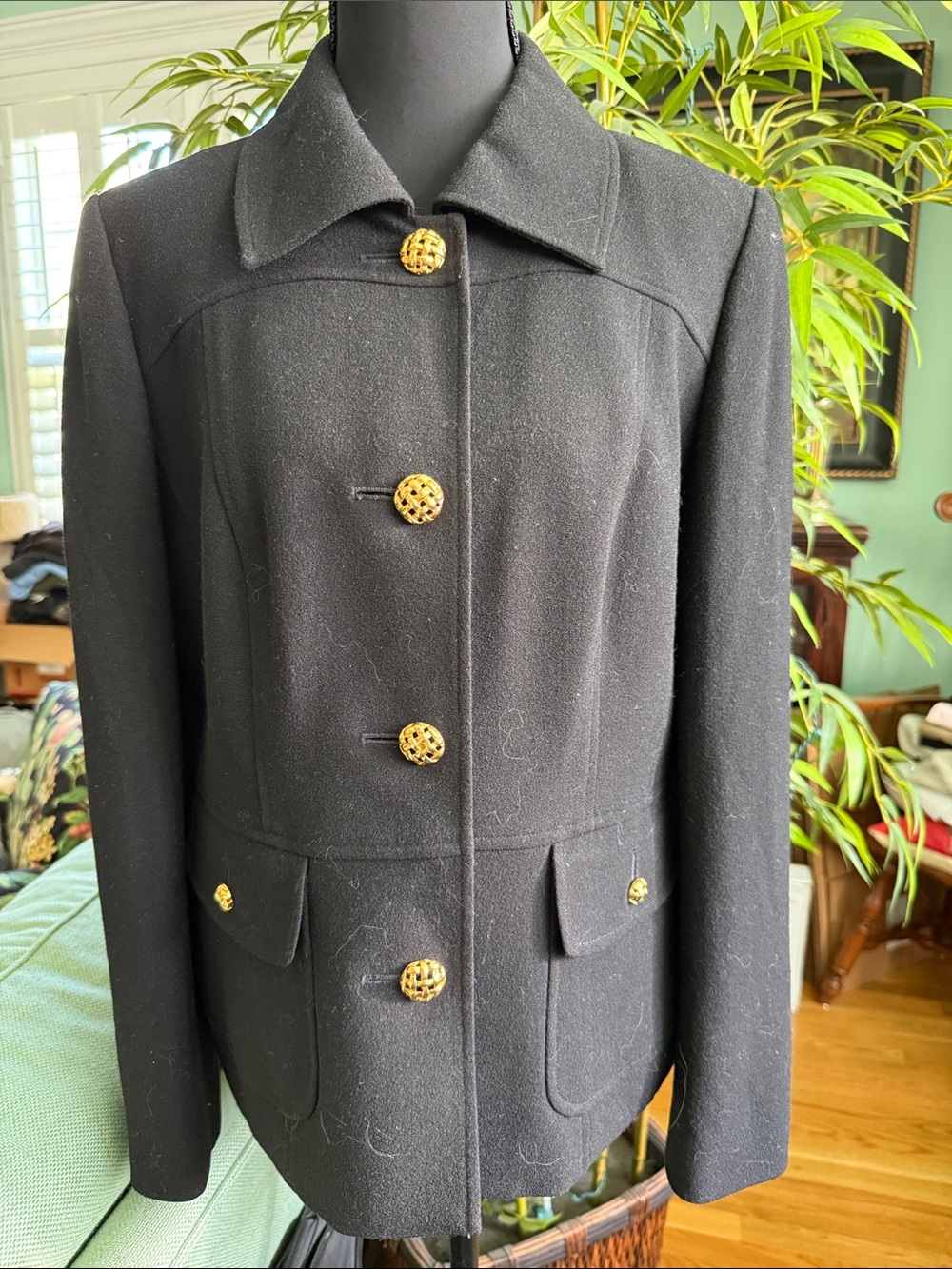 Wool petite black jacket with gold buttons